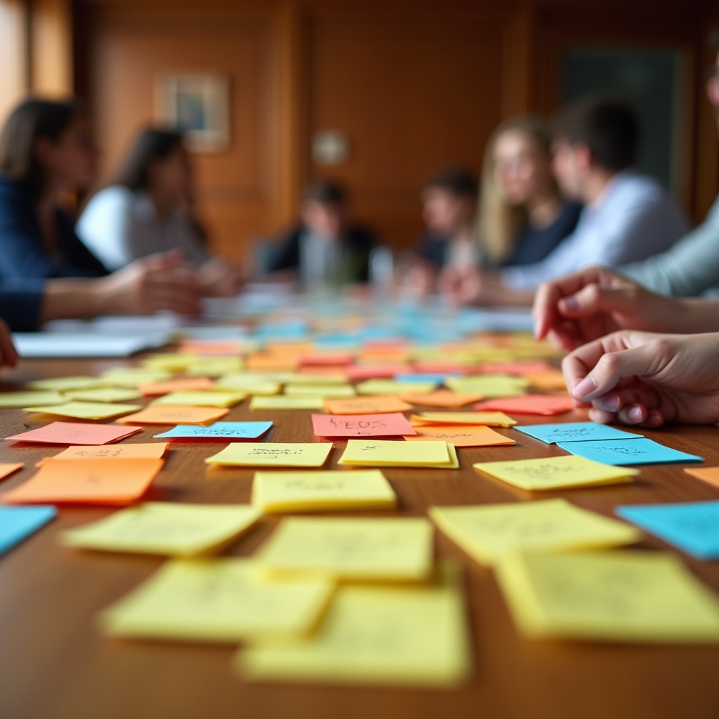 Účastníci workshopu lepí nápady na tabuli během brainstormingu