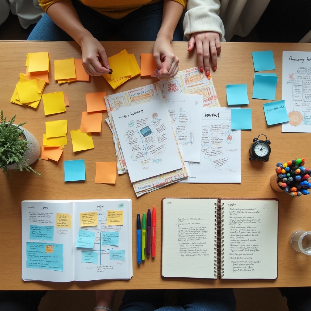 Nástroje design thinking rozložené na pracovním stole