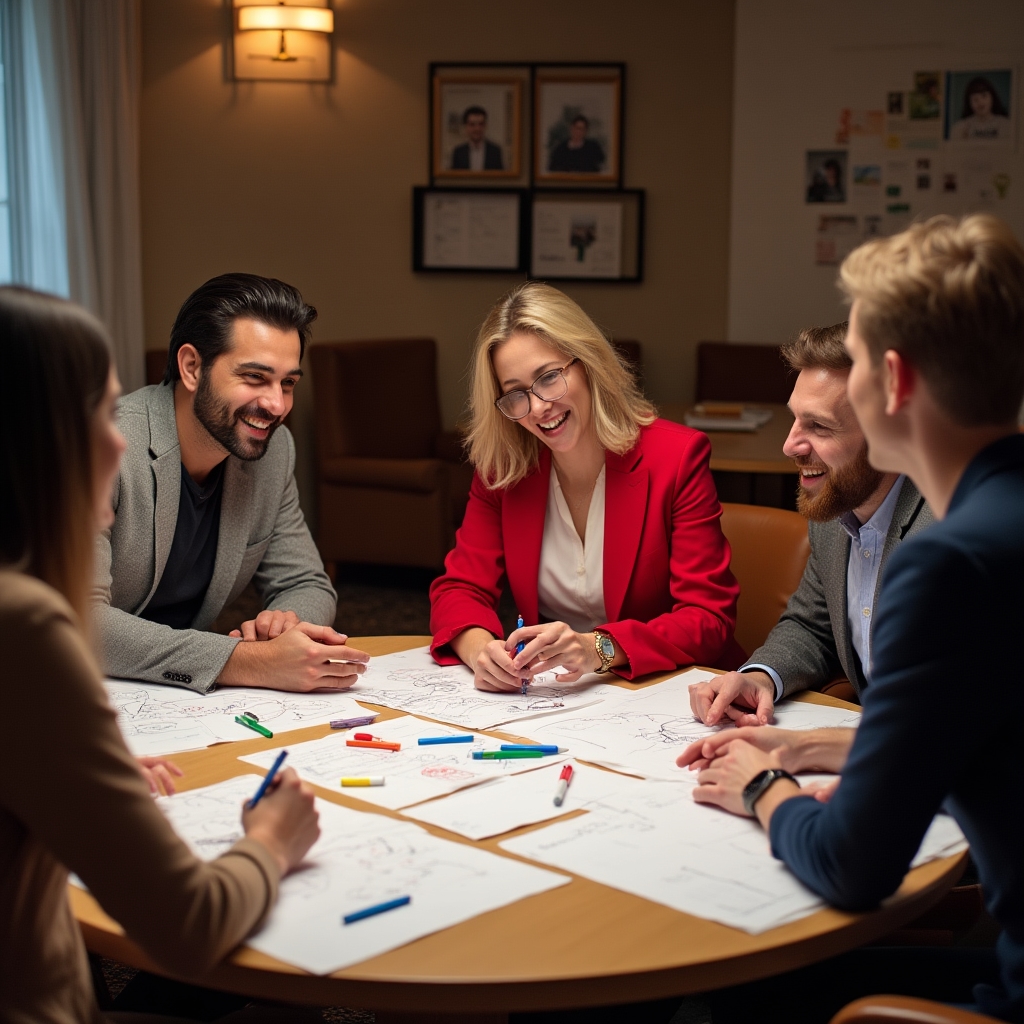 Motivovaný tým spolupracuje na workshopu kreativního řešení problémů